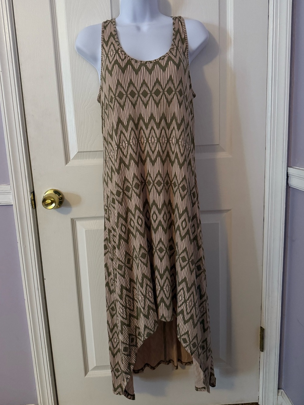 New York & Company Beige and Olive Geometric Sleeveless Maxi Dress